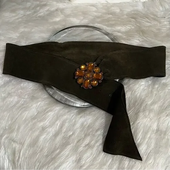NEW Lake Shore Drive Suede Boho Crystal Flower Vintage Buckle Wide Waist Belt L